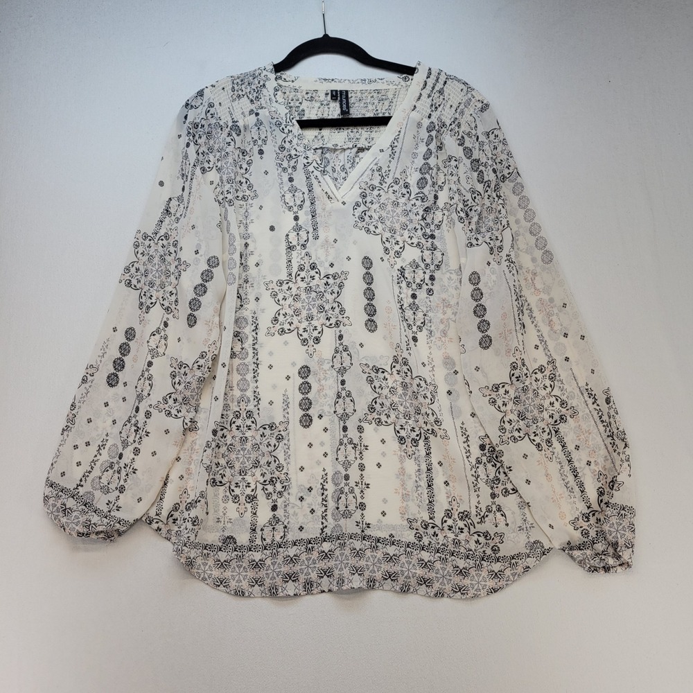 Maurices Blouse Womens 1X Ivory Paisley Boho Smocked V-Neck Long Sleeve Top